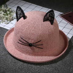 春夏蕾丝猫咪耳朵帽子 女个性时尚圆顶卷檐遮阳帽创意盆帽 粉色 儿童款